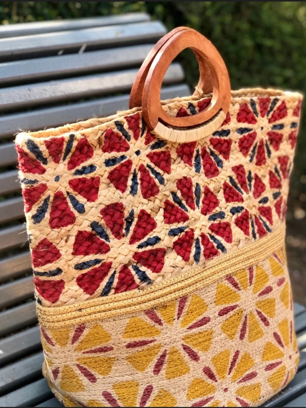 Antik Kraft Handwoven Floral Straw Raffia Jute Tote in Red, Mustard & Navy - Picture 2 of 11